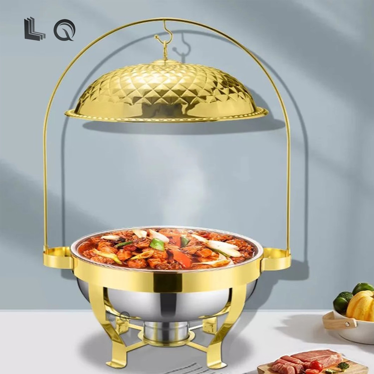 Gold arched hanging-dome buffet chafing dish with silver serving bowl