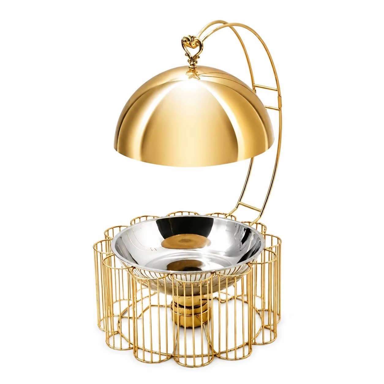Gold buffet serving dish with open dome